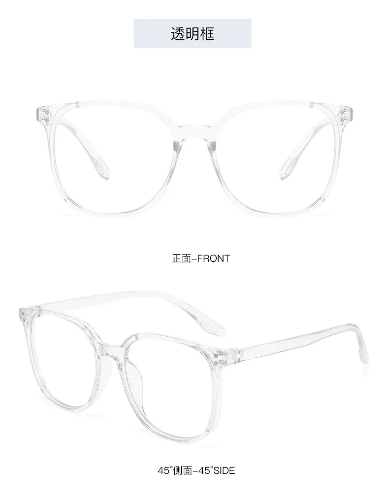 Clear plastic eyeglasses shown from the front and side angles.