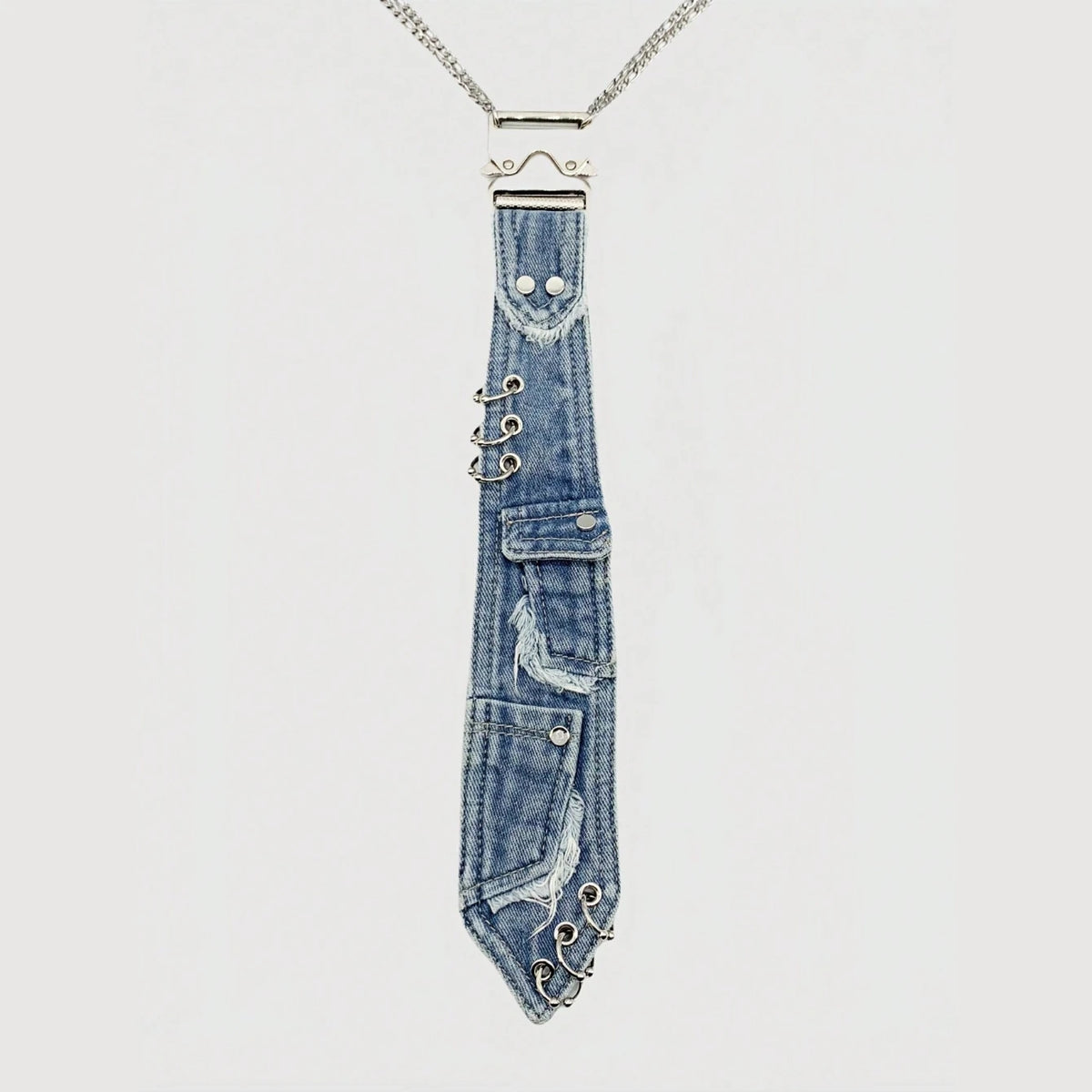 Y2K Distressed Denim Neck Tie with Press Buckle