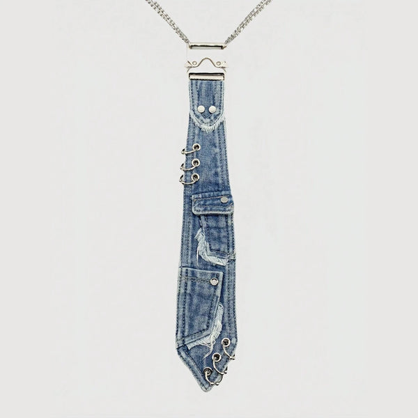 Y2K Distressed Denim Neck Tie with Press Buckle