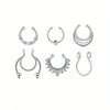 A set of six silver-toned faux septum and nose rings displayed individually on a white background.