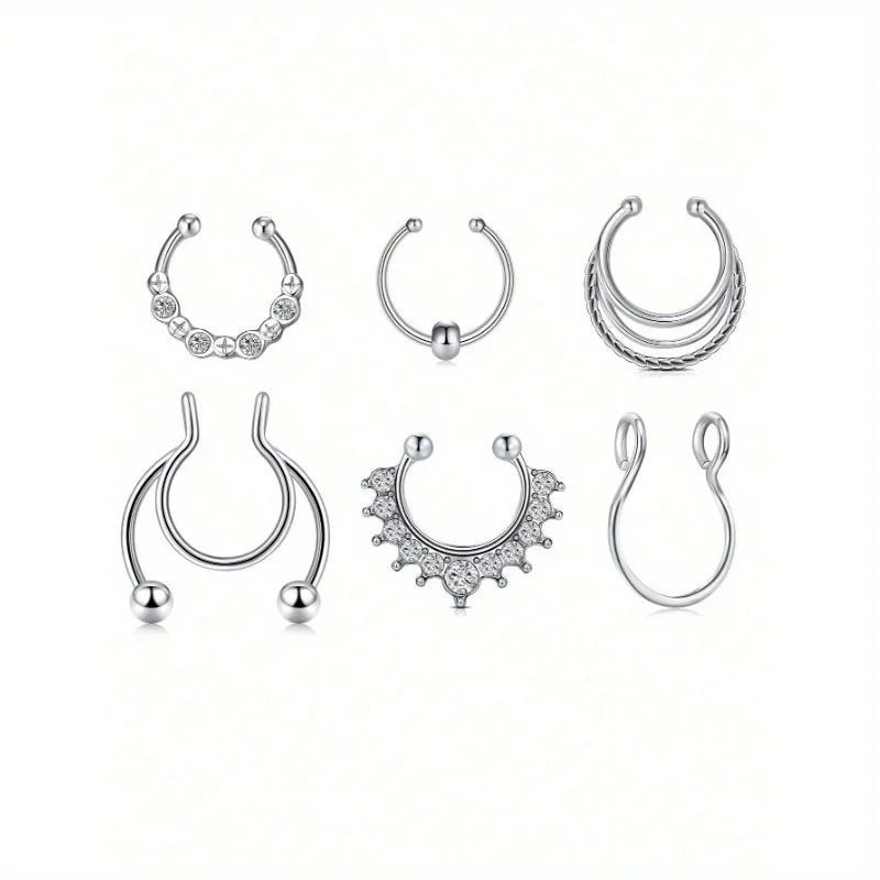 A set of six silver-toned faux septum and nose rings displayed individually on a white background.