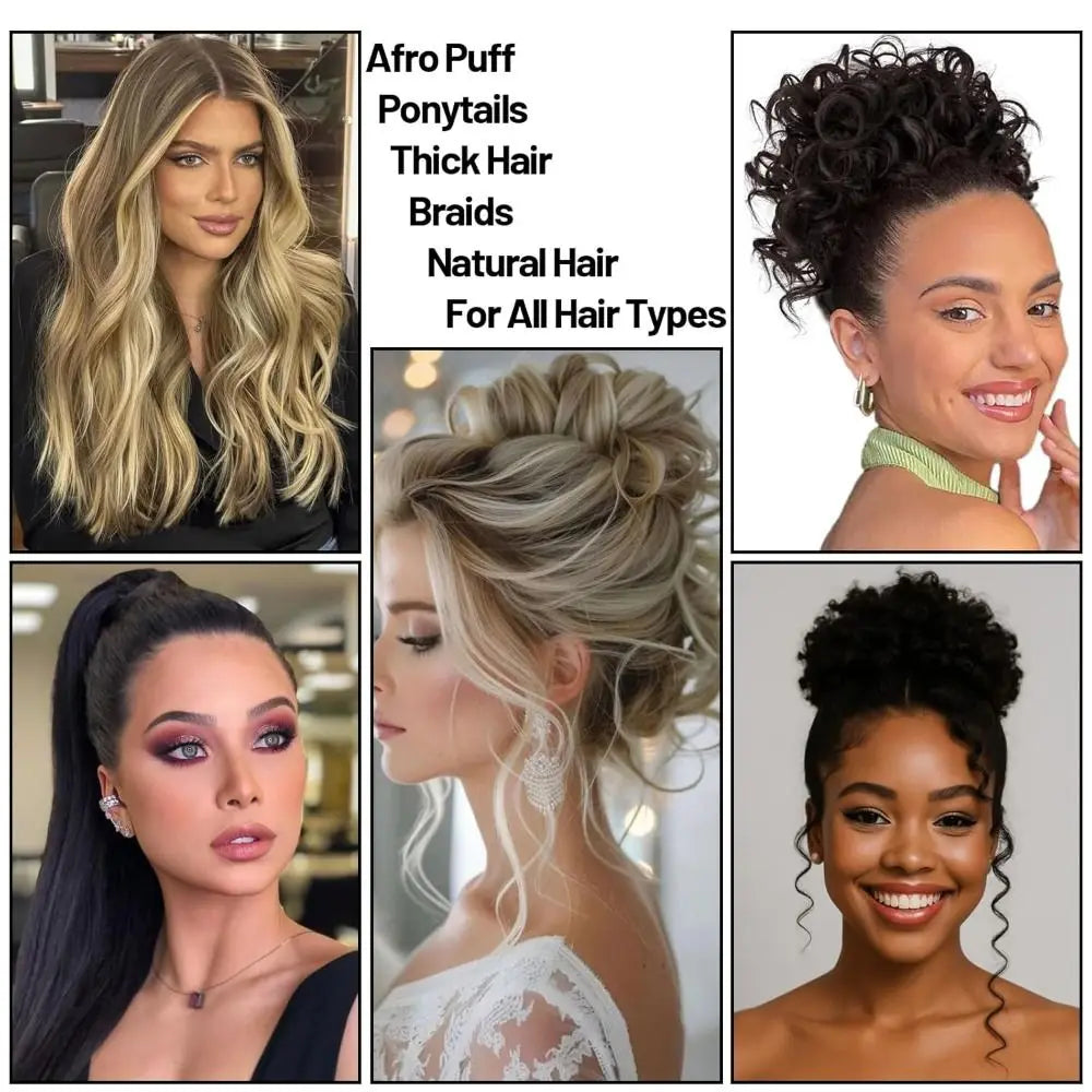 A collage showing various styles of afro pounytails, braids, and natural hair looks for all hair types.