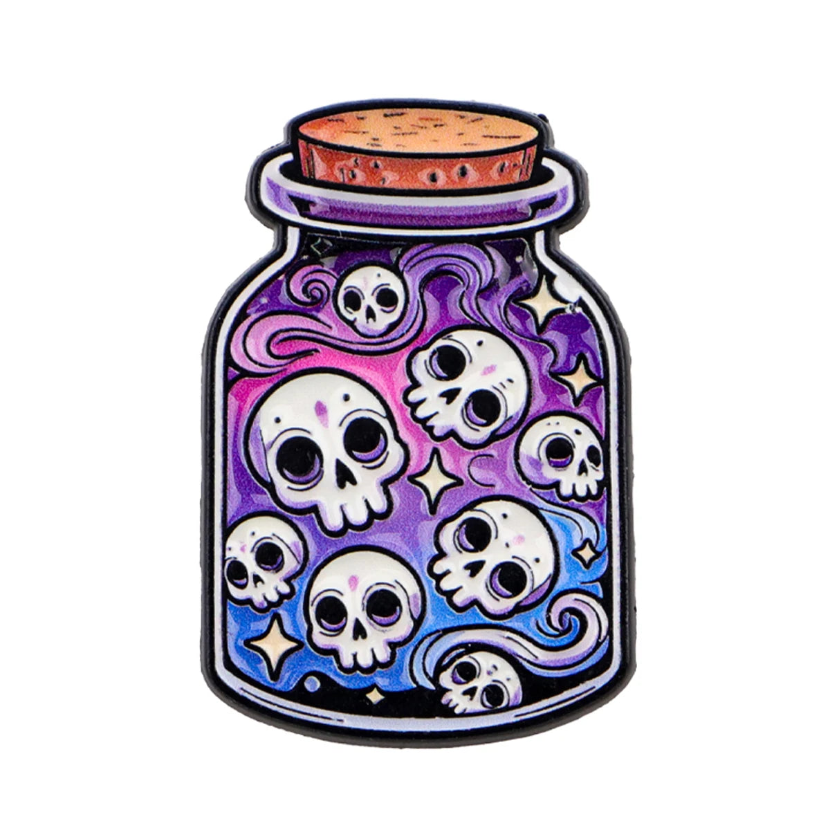 A colorful enamel pin featuring multiple skulls in a purple and blue swirling design inside a glass jar.