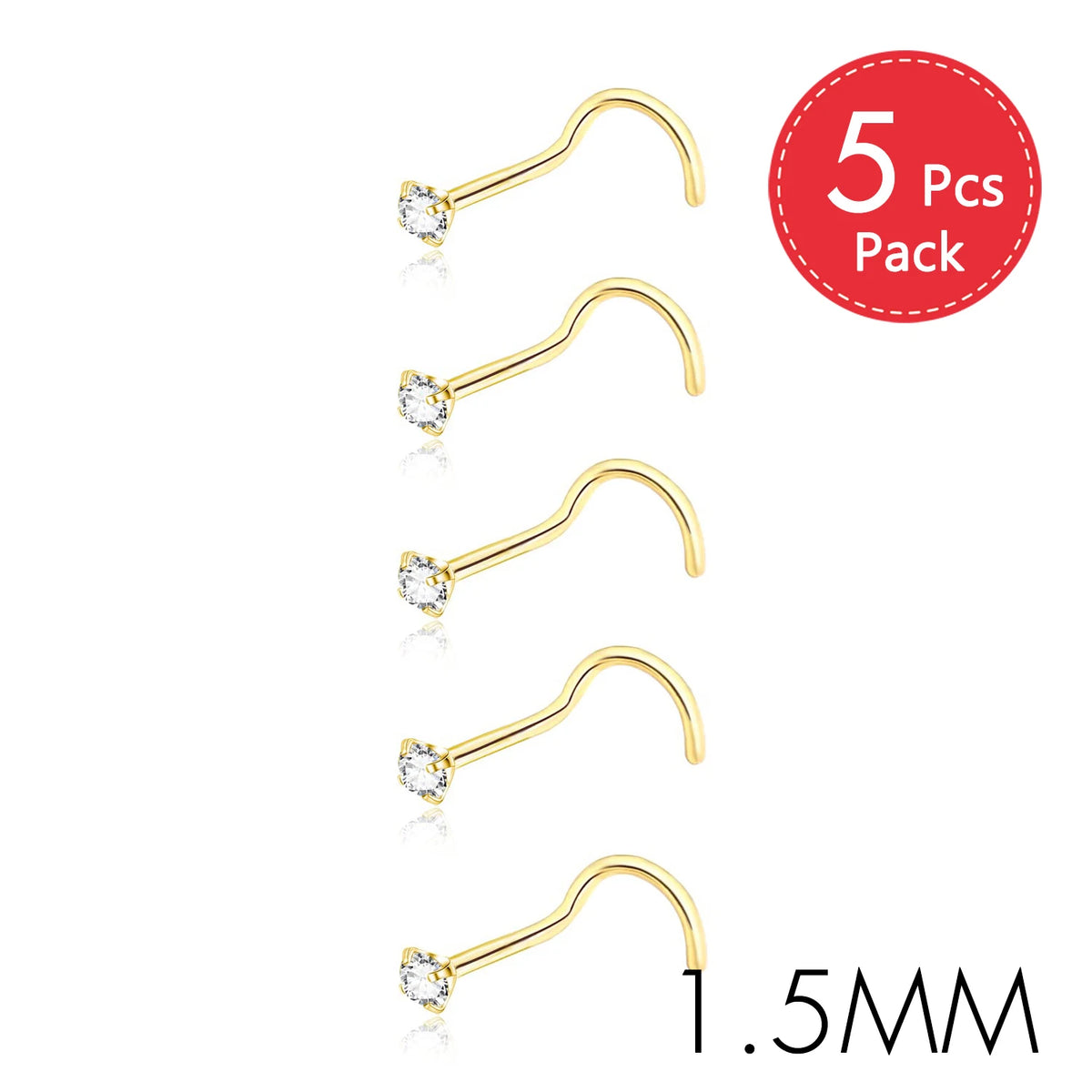 Five pairs of gold-finish crystal nostril studs in 1.5mm size packaged as a five piece pack