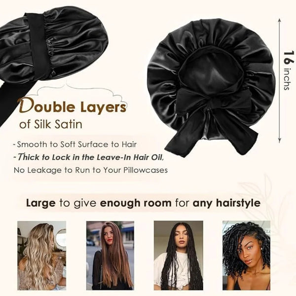 Black satin sleeping bonnet with an adjustable tie band shown in various angles.