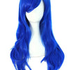 A vibrant electric blue long curly hair extension wig displayed on a mannequin head.