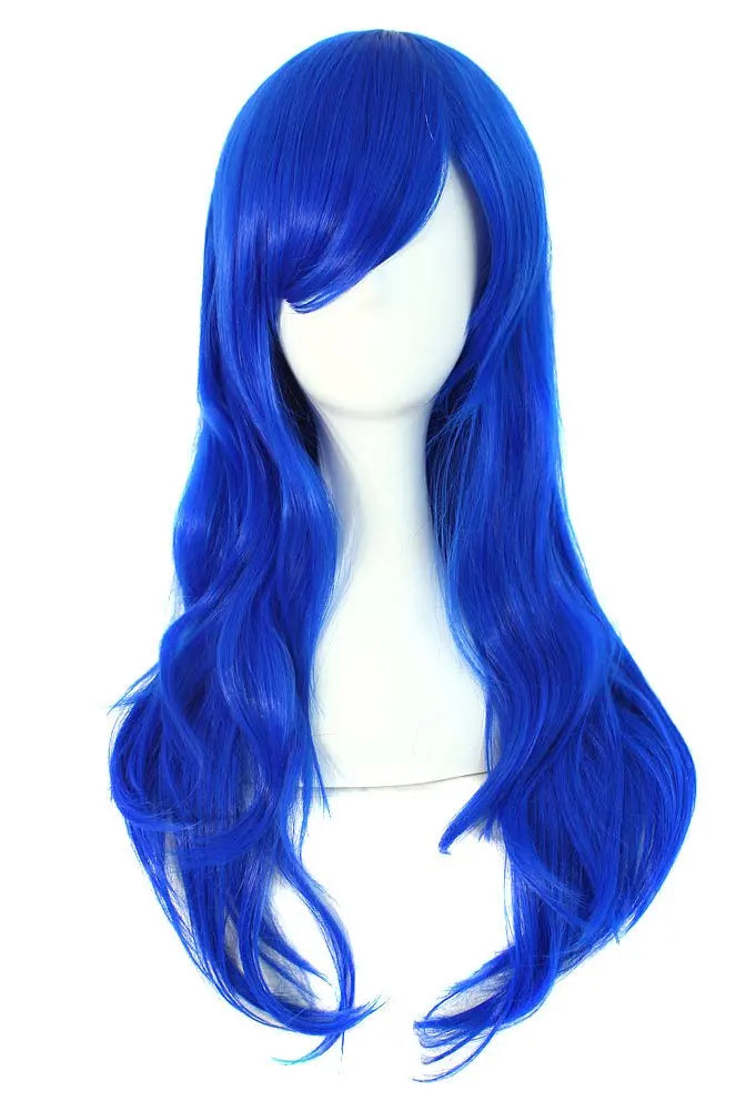 A vibrant electric blue long curly hair extension wig displayed on a mannequin head.