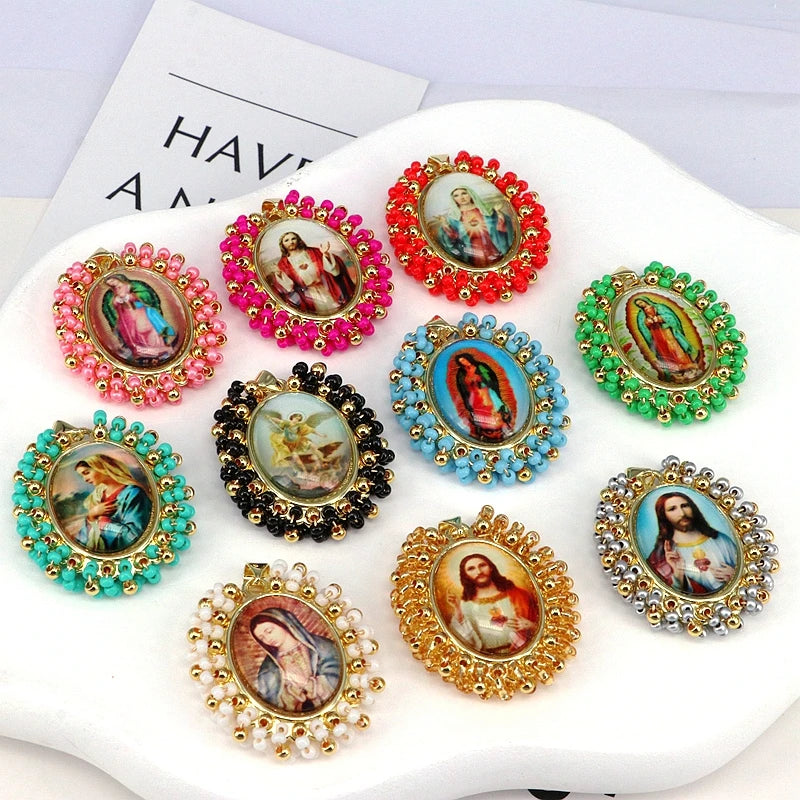 A collection of gold plated copper pendant necklaces featuring various colored Miyuki beads and intricate designs.