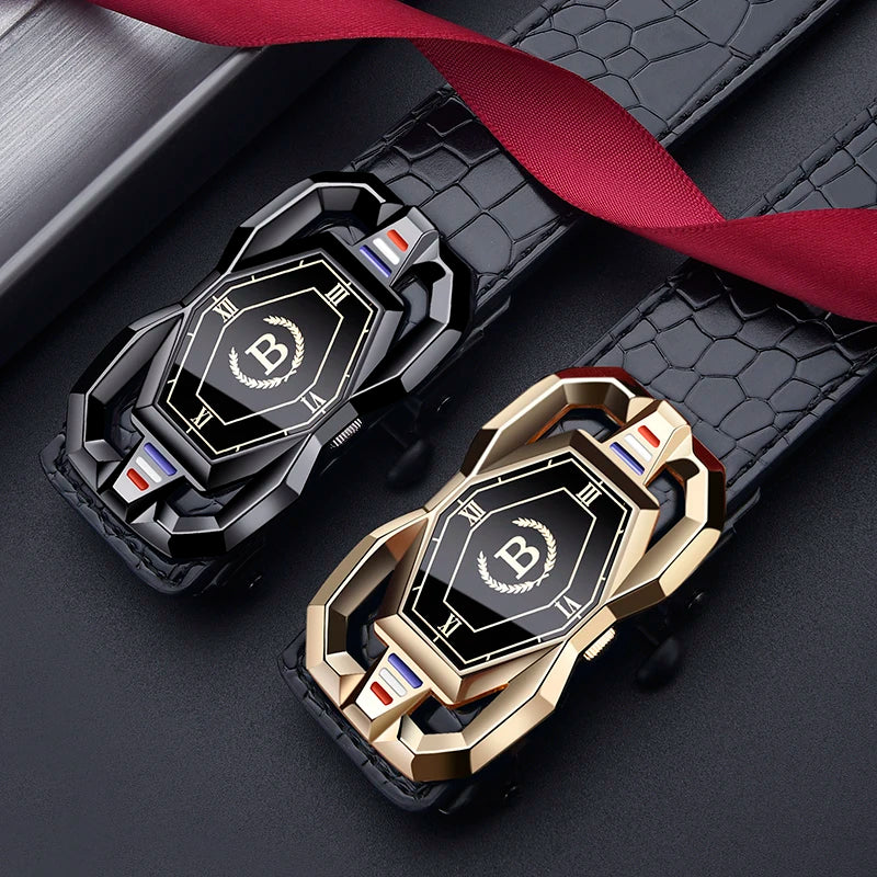 A close-up of a men's automatic buckle belt featuring a crocodile pattern, presented with a red ribbon.