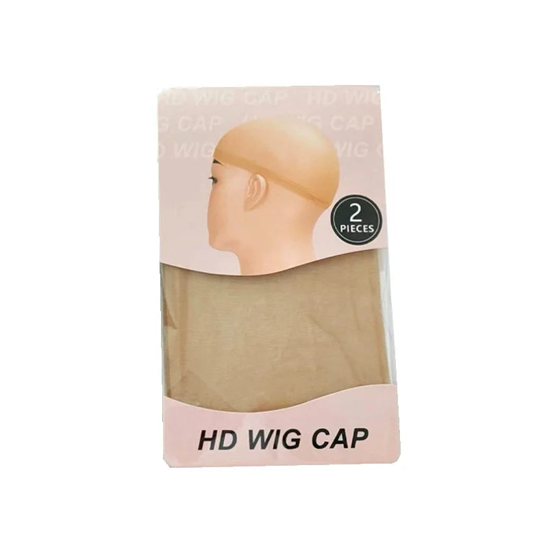A package containing two HD wig caps, one beige and one tan, for stretchy nylon wig nets.