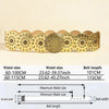 A set of vintage western denim belts in gold and brass tones with various waist sizes and belt lengths shown alongside measur