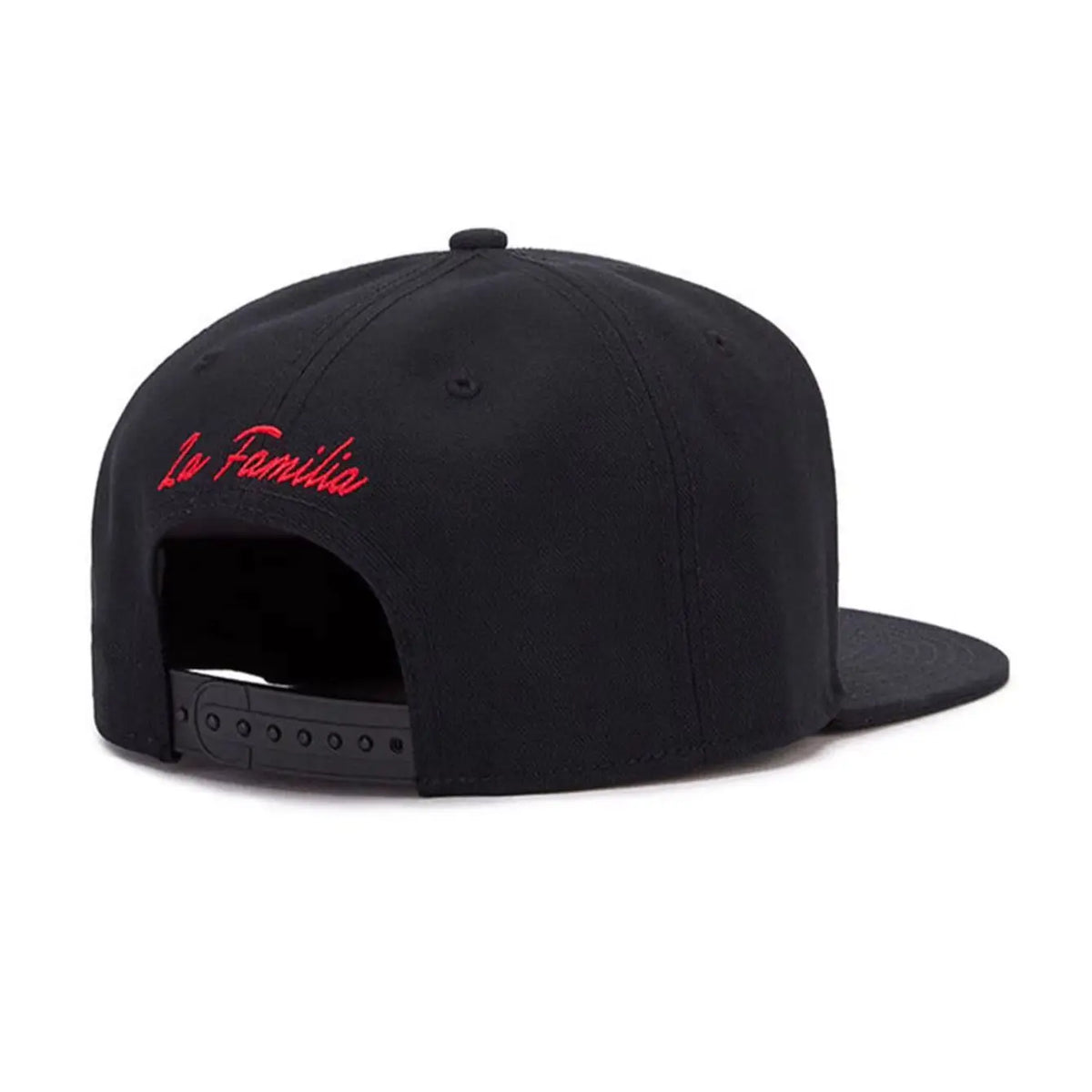 Black unisex adjustable snapback cap with red embroidered text on the front