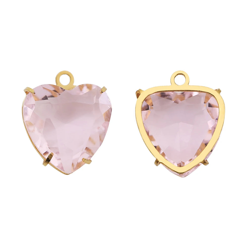 A pair of pink heart crystal pendants made of PVD stainless steel.