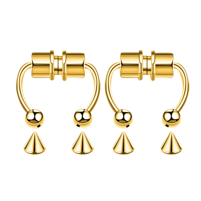 A pair of gold-toned hoop nose rings and stud earrings.