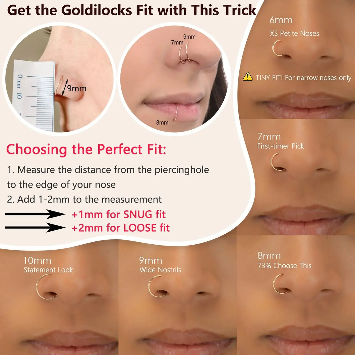 Anleitung, wie man ein Goldilocks-Nasen-Hoop-Piercing mit Maßen und verschiedenen Größen einsetzt