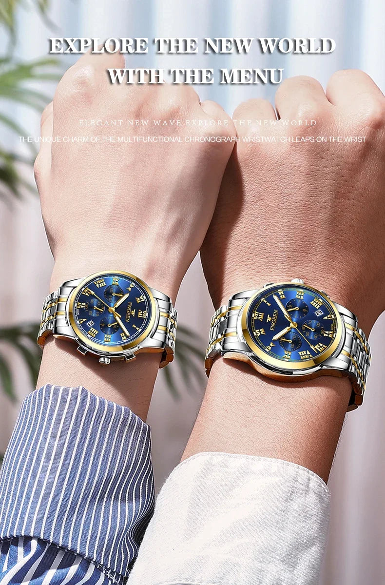 Nahaufnahme der Handgelenke eines Mannes und einer Frau mit eleganten Neue-Welle-Chronographen-Armbanduhren.