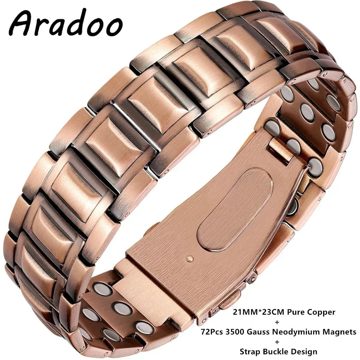 A close-up view of a rose gold pure copper magnetic bracelet with a strap buckle design.