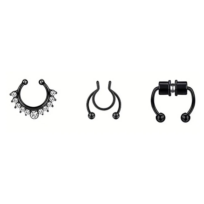 A set of three magnetic stainless steel septum rings with adjustable clasps.