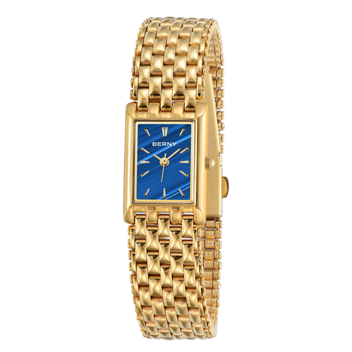 Montre en quartz femme plaquée or avec cadran bleu et bracelet maillons dorés.