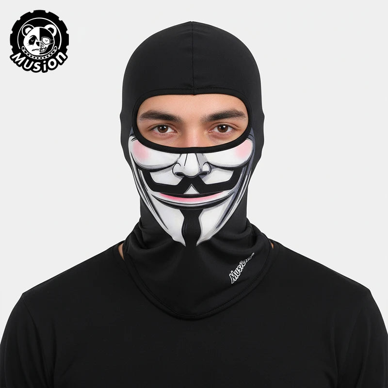 A man wearing a black full face balaclava helmet liner with a stylized mustache design.