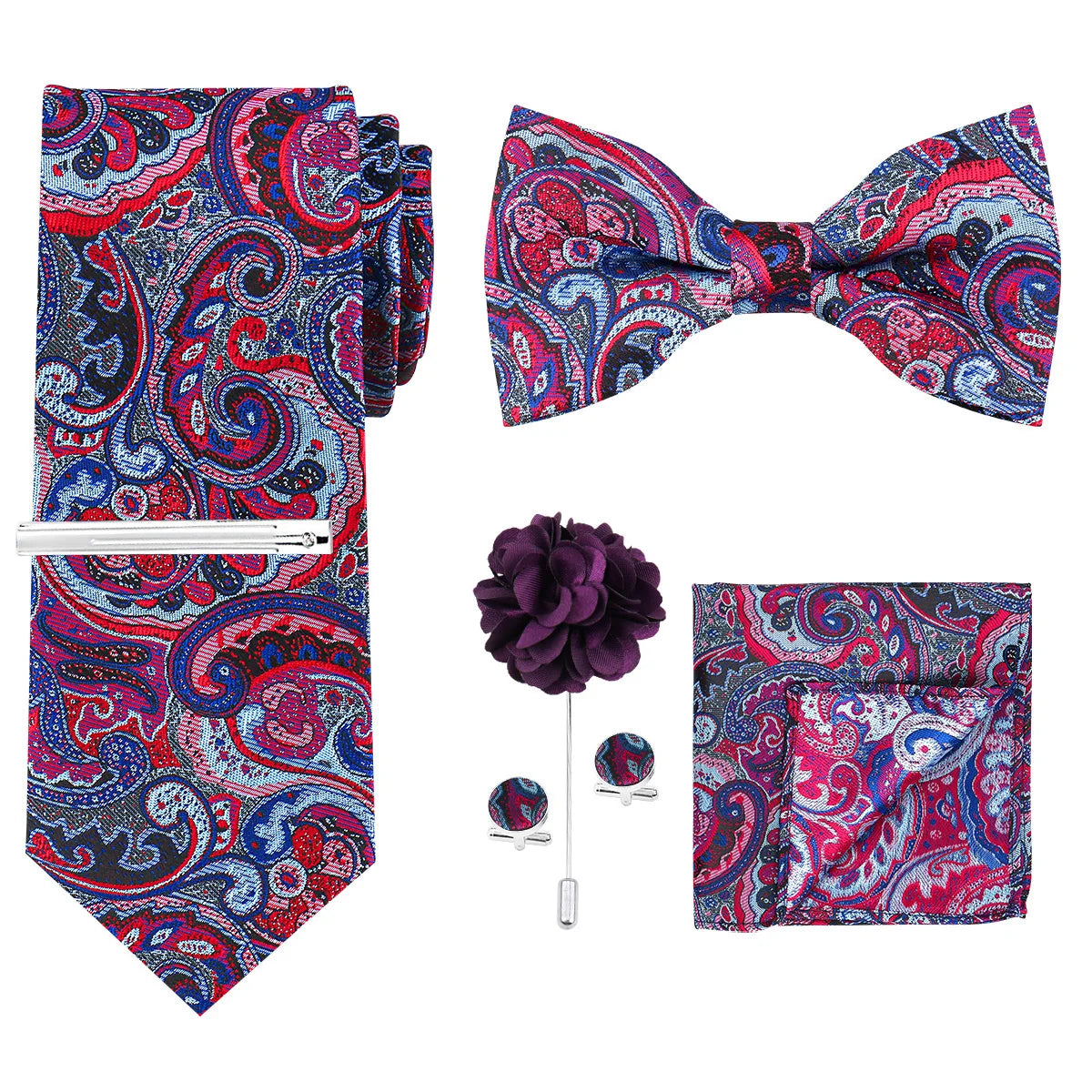 A set of men's formal tie and accessory featuring a paisley pattern in shades of blue, pink, and red.