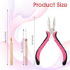 A set of nano copper hair extensions tools including tweezers and pliers shown next to their size measurements.