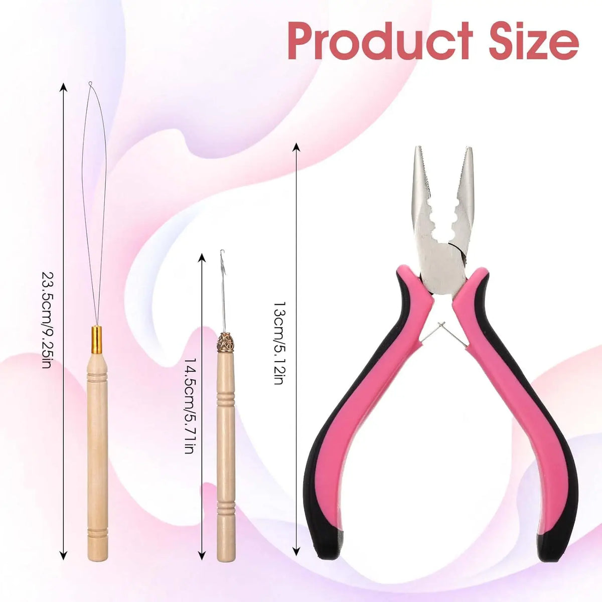 A set of nano copper hair extensions tools including tweezers and pliers shown next to their size measurements.