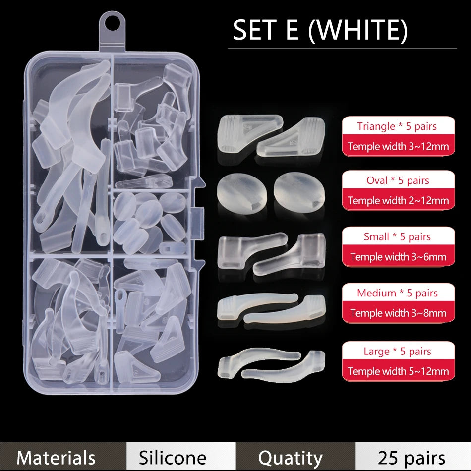 Set E white silicone ear grip hooks for glasses and sunglasses in various sizes