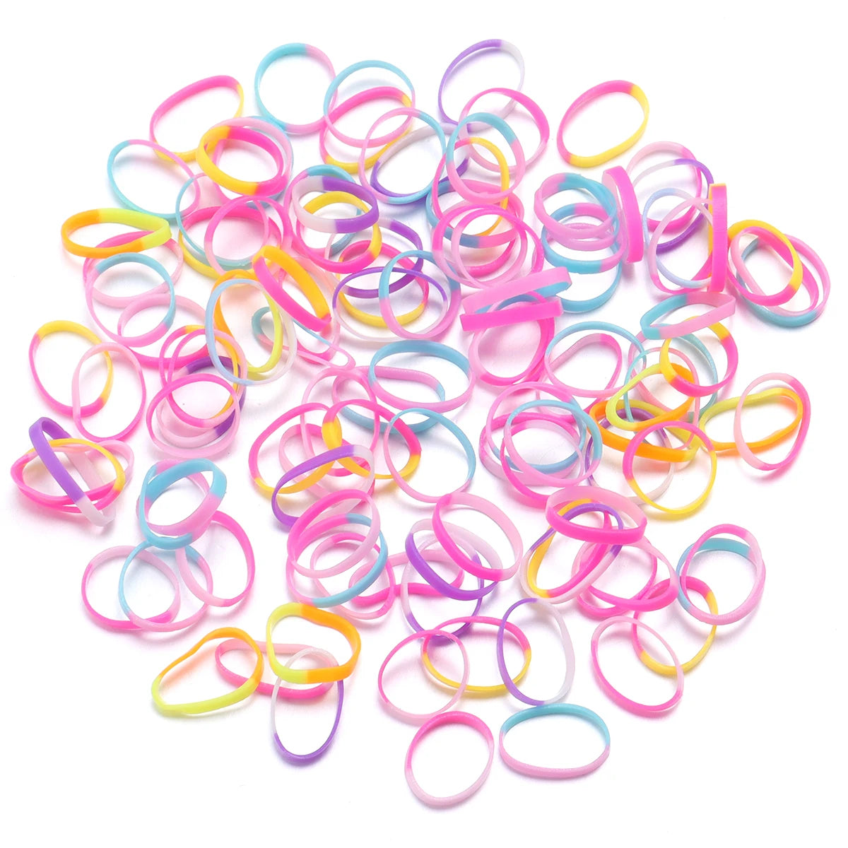 A pile of colorful elastic hair ties in various shades of pink, yellow, and blue.