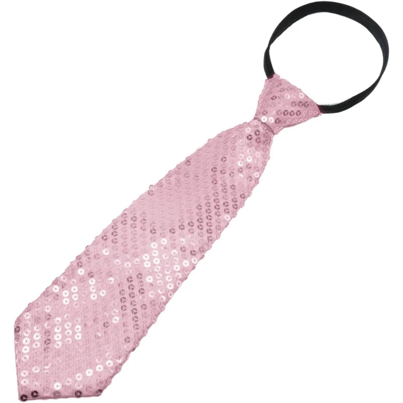A pink sequin tie with a black neck strap for parties and events.
