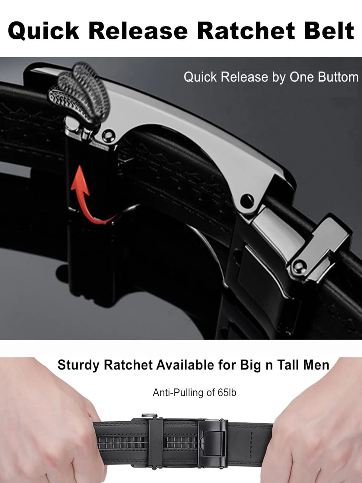 Close-up of a black quick release ratchet belt buckle and strap, showing the mechanism for easy release.