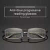 Pair of anti-blue progressive reading glasses demonstrating vision correction for far and near distances.