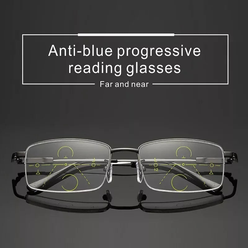 Pair of anti-blue progressive reading glasses demonstrating vision correction for far and near distances.