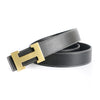 A black genuine leather dress belt with a brass buckle shown on a white background.
