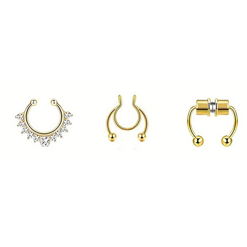 Three pairs of gold-toned magnetic stainless steel septum rings displayed against a white background.