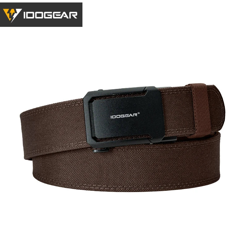 A dark brown tactical nylon belt with a black ratchet buckle shown flat.