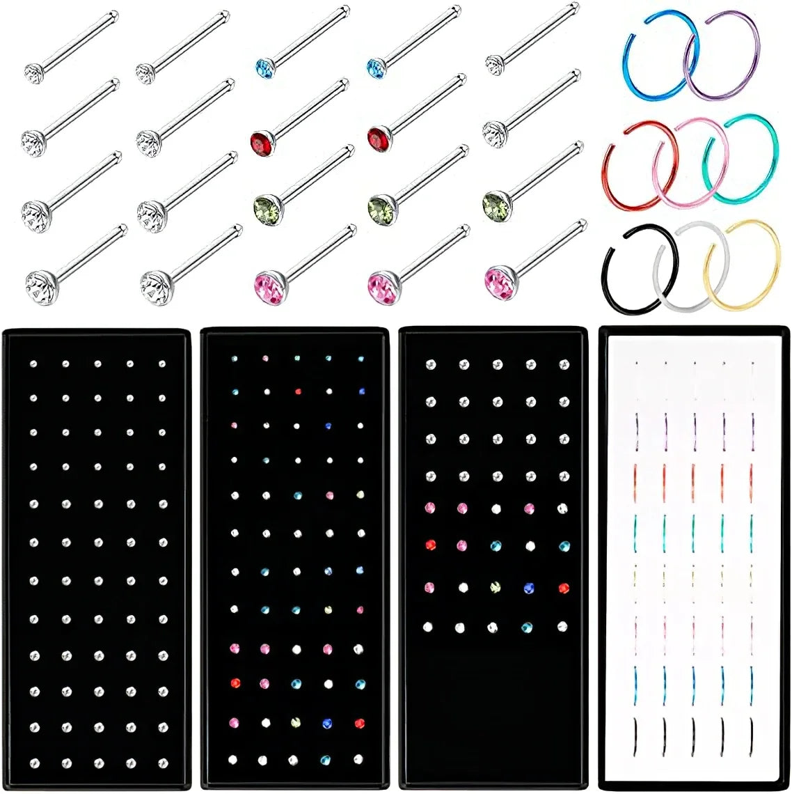 A collection of fashion crystal stainless steel nose stud piercing jewelry in various colors and styles.
