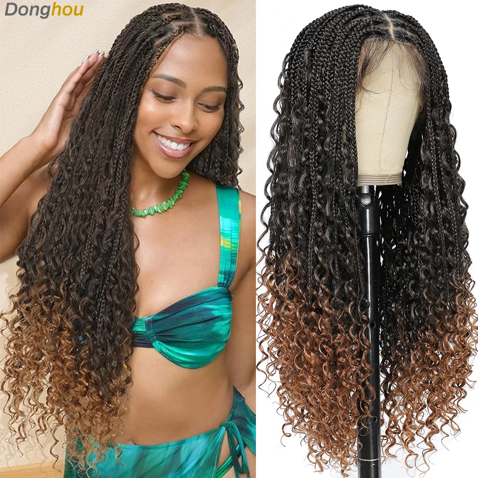 Long black box braid wig with ombre brown highlights worn by a model