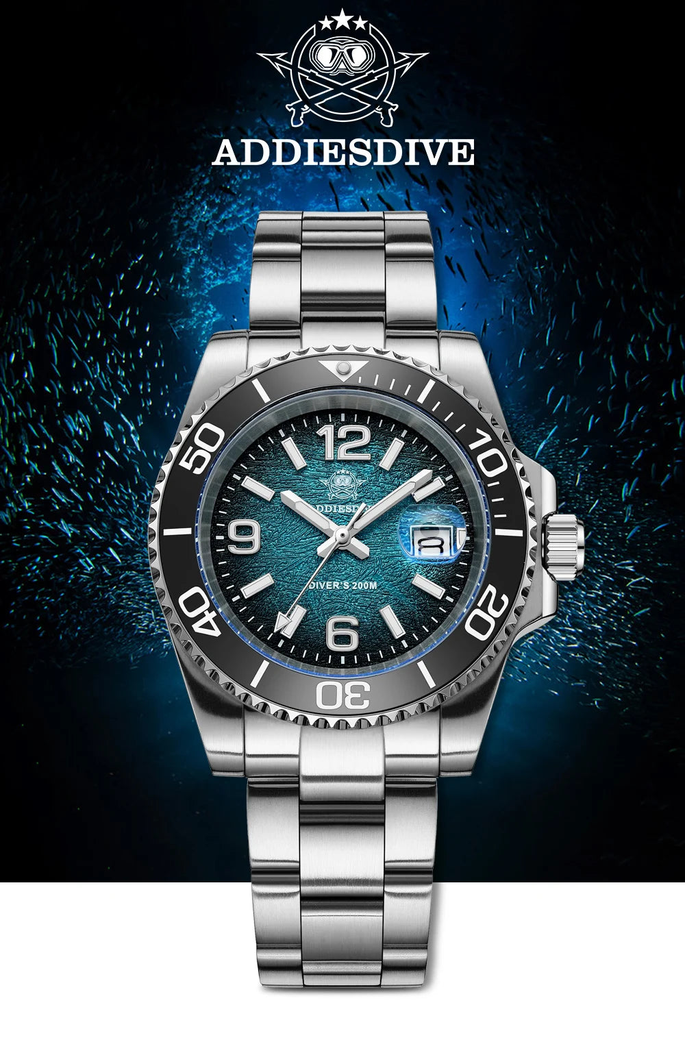A silver diving watch with a blue dial and black bezel is displayed against a dark, watery background.