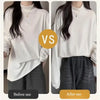 Before and after comparison of adjustable crop tuck bands on a white long-sleeve shirt.