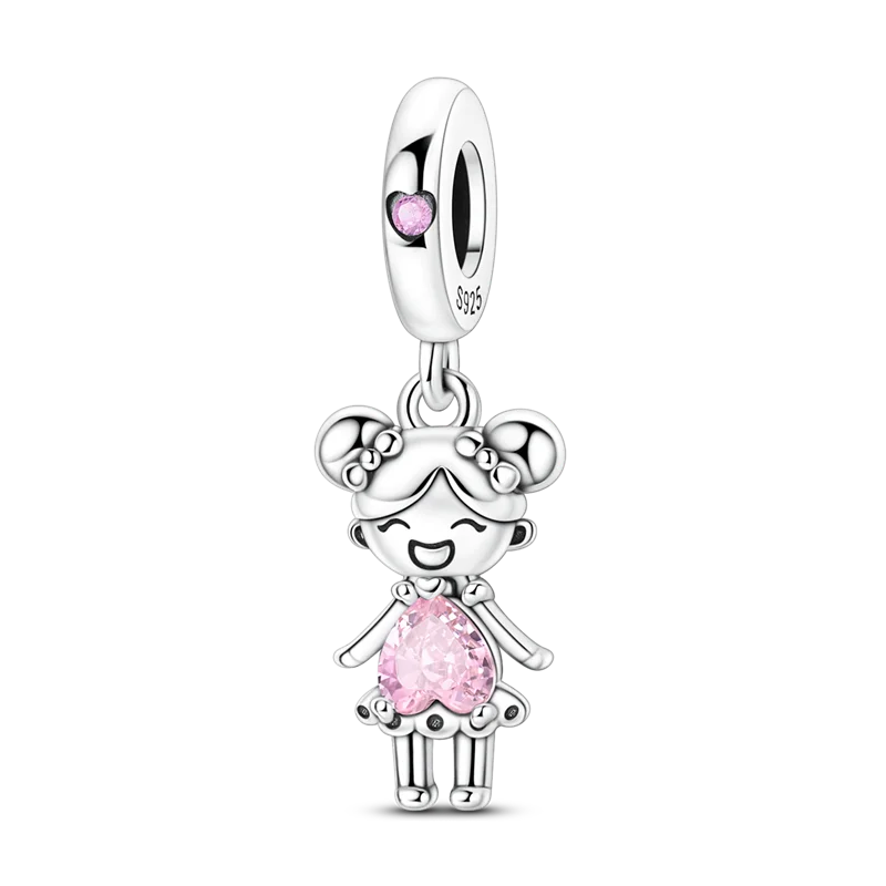 Sterling silver charm bracelet featuring a small pink heart pendant and a matching pink gemstone charm.