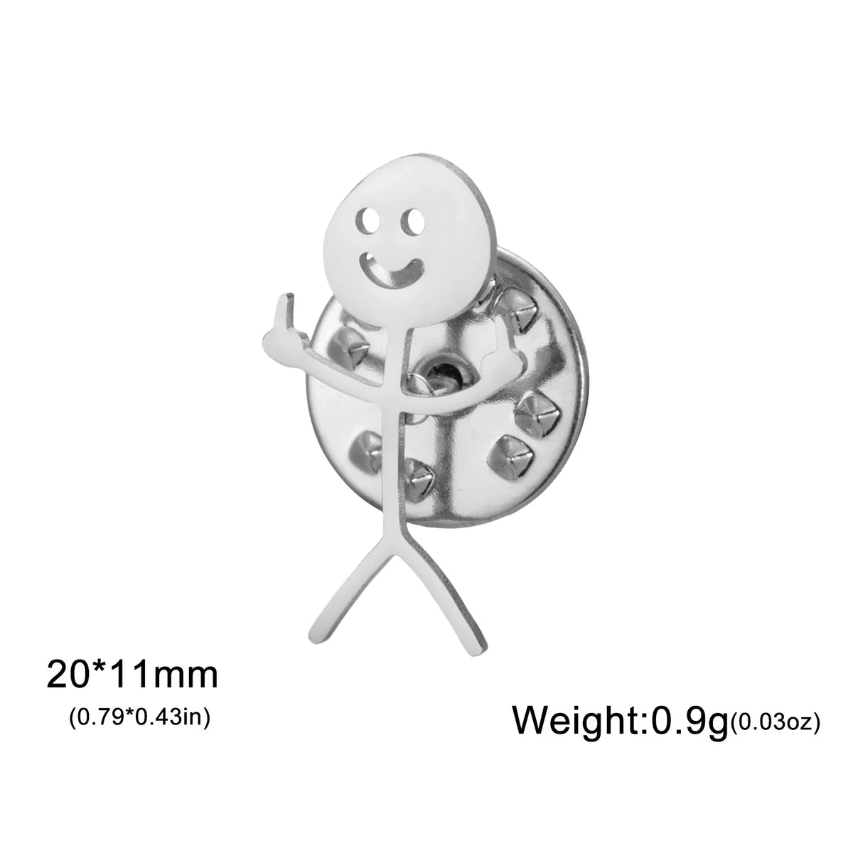 Silver punk stickman brooch featuring a smiling figure with a circular body and stick limbs