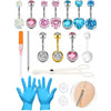 A collection of 14G stainless steel belly button piercing jewelry including various colored and shaped implants and tools.