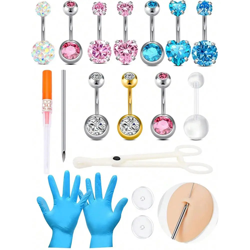 A collection of 14G stainless steel belly button piercing jewelry including various colored and shaped implants and tools.