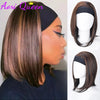 A woman modeling a brown ombre bob haircut with straight heat resistant synthetic hair and a black headband wig.