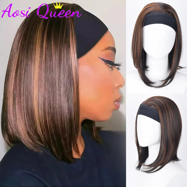 A woman modeling a brown ombre bob haircut with straight heat resistant synthetic hair and a black headband wig.