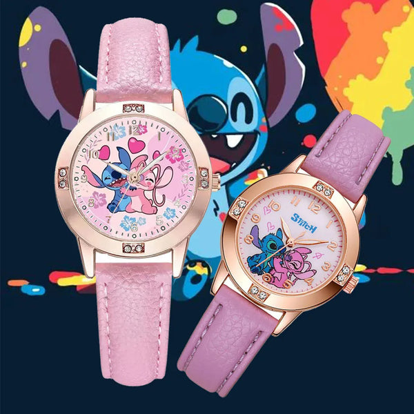 A pink wrist watch featuring a Stitch cartoon design on the dial and a matching pink strap, set against a dark background wit