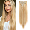 Long, straight blonde hair extensions with diamond clip-ins for natural volume