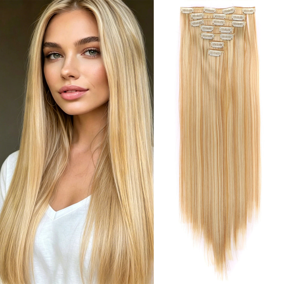 Long, straight blonde hair extensions with diamond clip-ins for natural volume