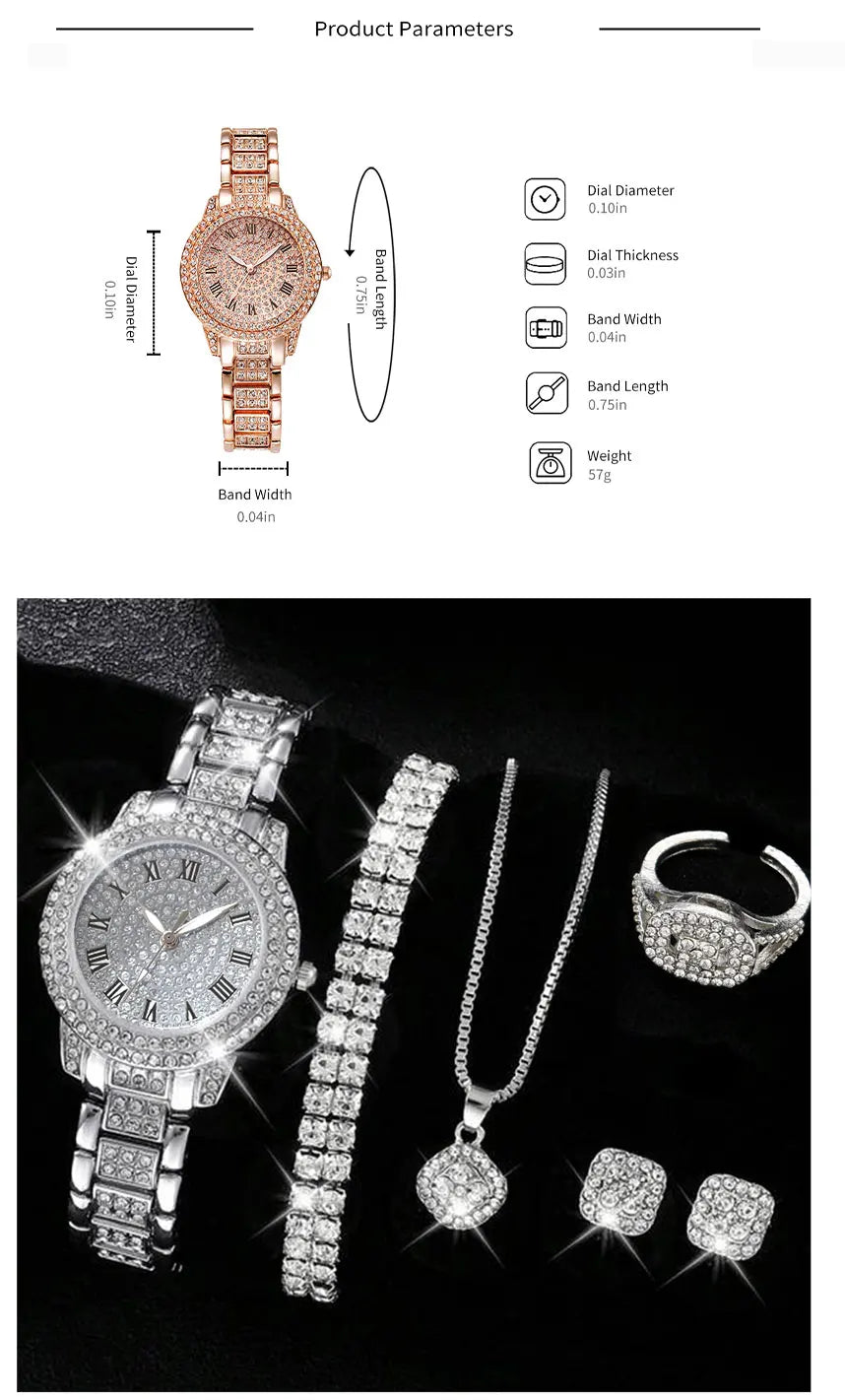 Set aus eleganten Quarz-Kristall-Armbanduhren für Damen, inklusive Uhr, Halskette und Steckerohrringe.